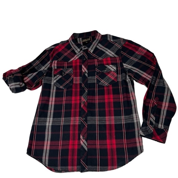 HELIX Western Red Black Plaid Long Sleeve Button Down Men's Shirt Size L - Picture 2 of 16